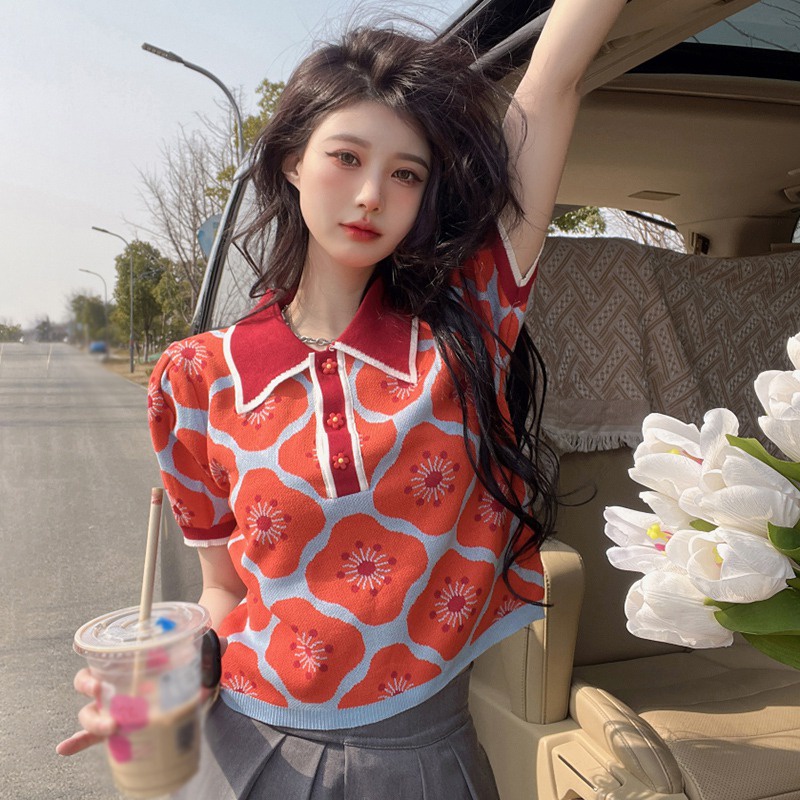 Áo Croptop Dệt Kim Tay Phồng Phong Cách Retro Thời Trang Mùa Hè Hàn Quốc Cho Nữ