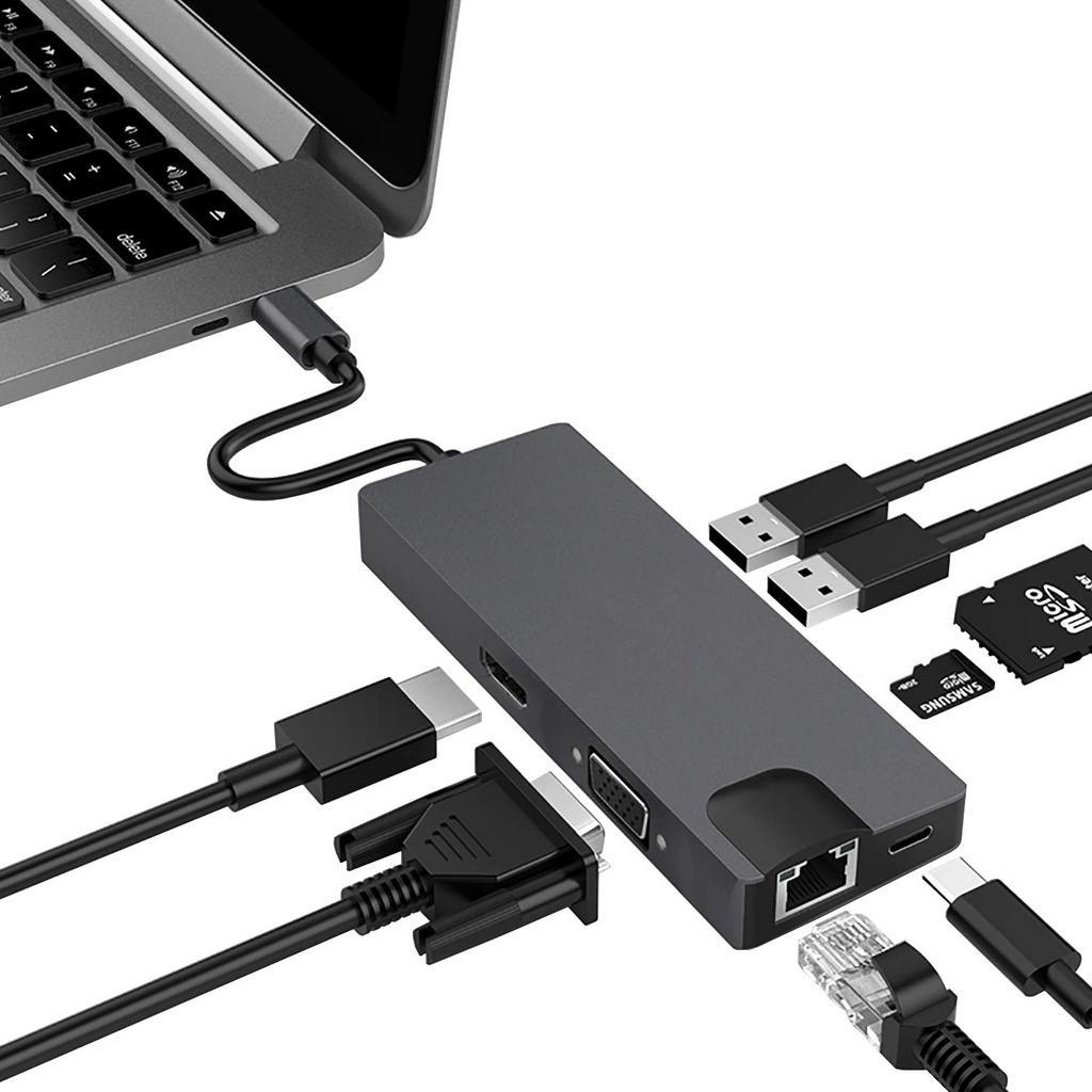 Bộ HUB Chuyển Đổi 8 Trong 1 USB C HUB Sang HDMI 4K VGA RJ45 1000M PD Đầu Đọc Thẻ SD / TF USB3.0 HUB Cho Laptop Máy Tính