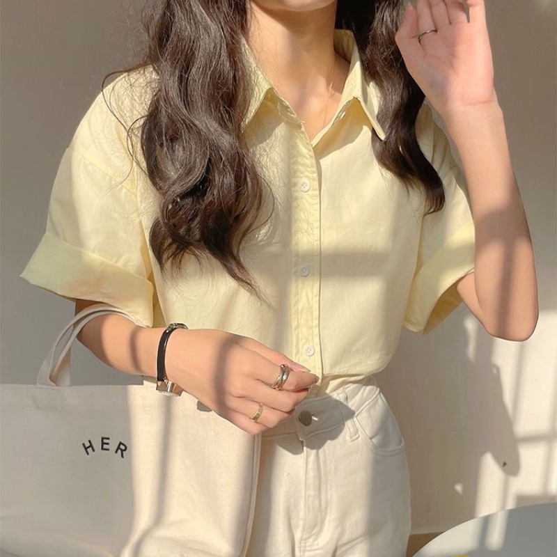 Áo sơ mi IELGY ngắn tay màu trơn phong cách Pháp thời trang mùa hè 2022 dành cho nữ