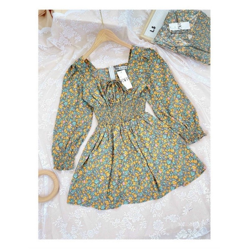 [Mã SKAMA06 giảm 8% tối đa 50K đơn 250K] VÁY CHUN EO XANH VÀNG HOA NHÍ CỔ VUÔNG | BigBuy360 - bigbuy360.vn