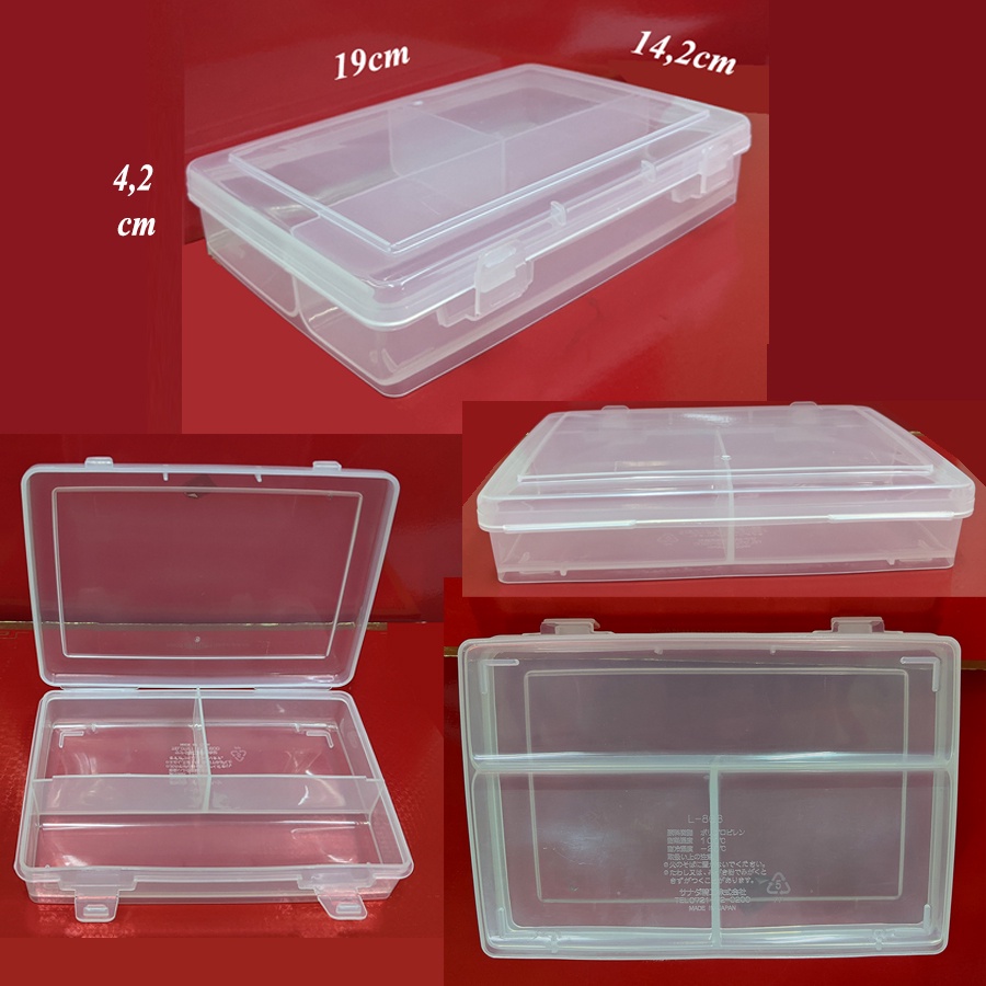 Hộp nhựa nhiều ngăn, hộp nhựa 3 ngăn cố định,  trong suốt, khóa cài. 19x14,2x4,2cm. Sx tại Nhật.D206