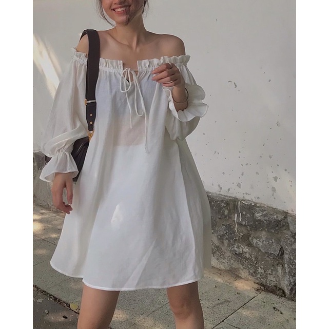 Đầm Min Dress trễ vai dáng ngắn tay bo trắng