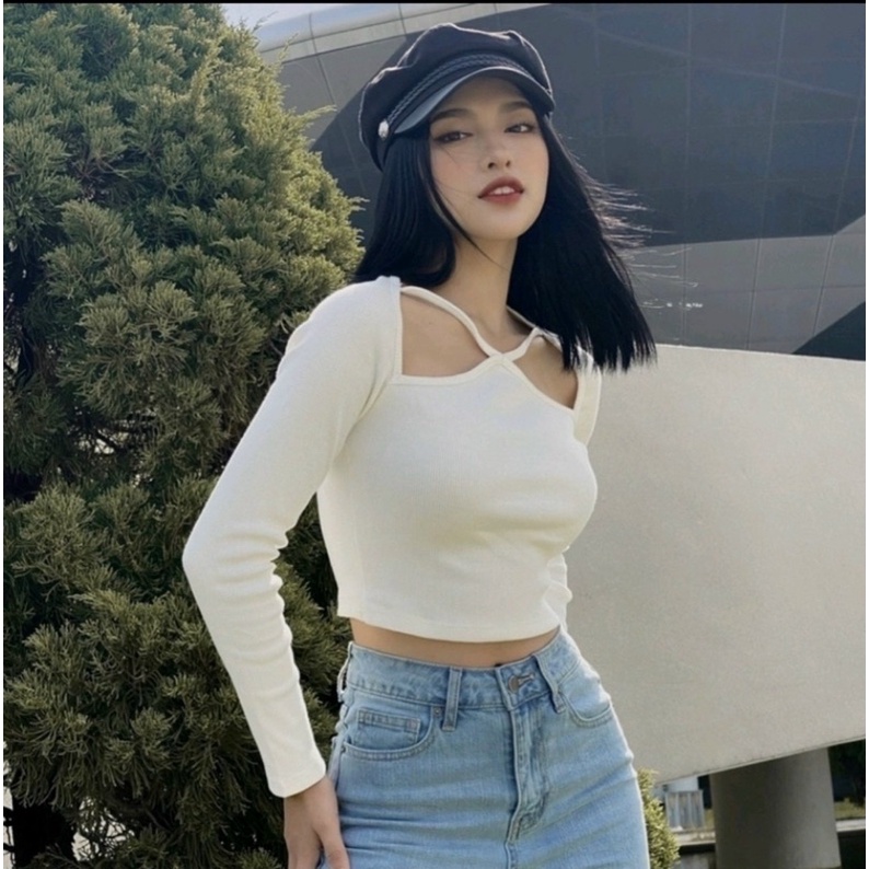 Áo tay dài croptop chéo cổ cut out - B5N