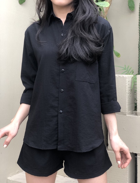 Set áo sơ mi đũi dài tay mix quần short trắng