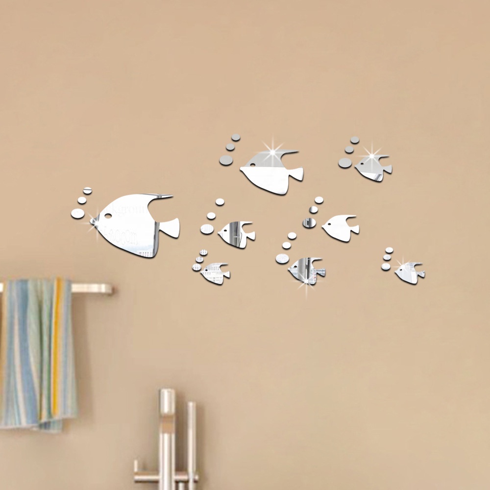 Set 32 Miếng Dán Tường 3D Tráng Gương Hình Cá Có Thể Tháo Gỡ