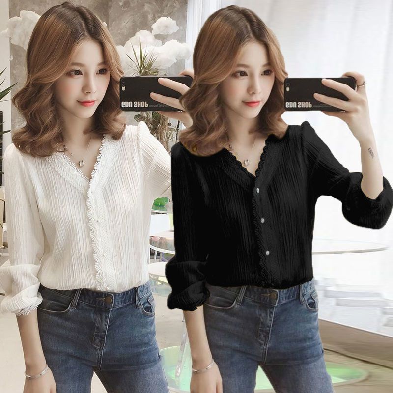 Áo Sơ Mi Chiffon Tay Dài Cổ Chữ V Phong Cách Hàn Quốc Thời Trang Xuân Hè Hàng Mới 2021 Dành Cho Bạn Nữ