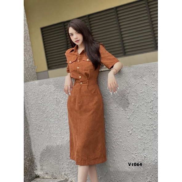 Đầm nữ, Váy nhung tăm dáng dài xẻ tà váy sơmi suông