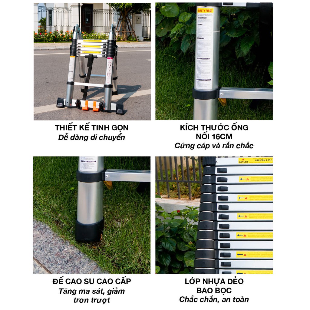 Thang nhôm rút đôi chữ A 2.8+2.8 rút gấp gọn thành chữ L cao cấp DAMITA nhôm T8030 Cao cấp an toàn chuẩn EU 131