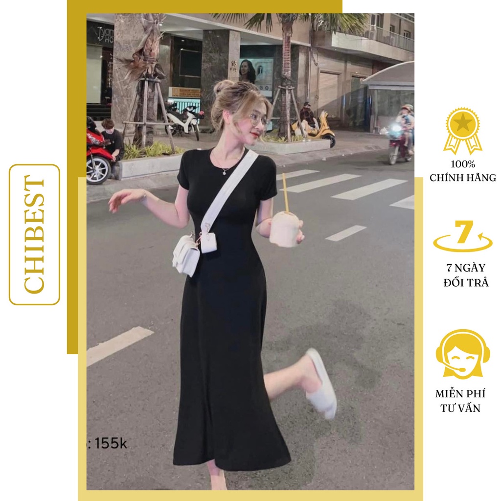 Đầm Maxi Xẻ Tà Dáng Suông Dài Màu Đen Huyền Bí thun gân hè cộc tay dáng dài xẻ gấu basic CHIBEST LDB55