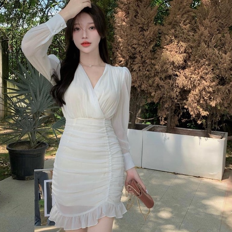 [MURIOKI] Đầm Chiffon Mini Tay Phồng Màu Trắng Thời Trang Mùa Thu Cho Nữ OL dress