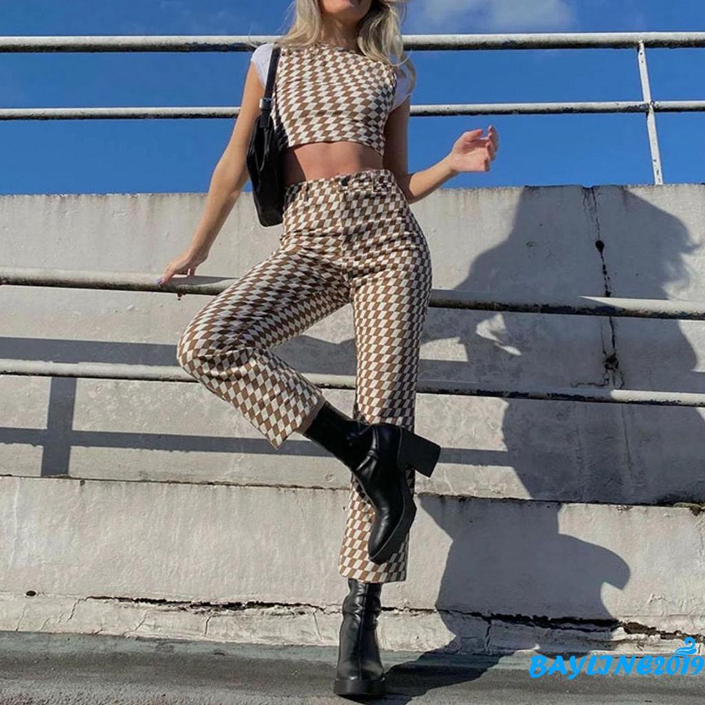 BAY-Quần dài lưng cao dáng rộng kẻ sọc caro/hoa/ngựa vằn 3 màu giản dị mùa xuân cho nữ