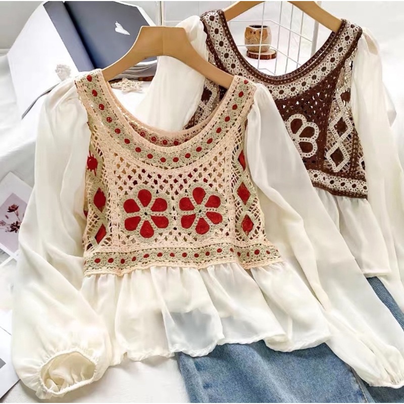 AR/Áo REN NGẮN DẠNG CROPTOP phong cách bohochic xinh xắn thêu hoa vintage dài tay vải voan công chúa sơ mi cúc gỗ