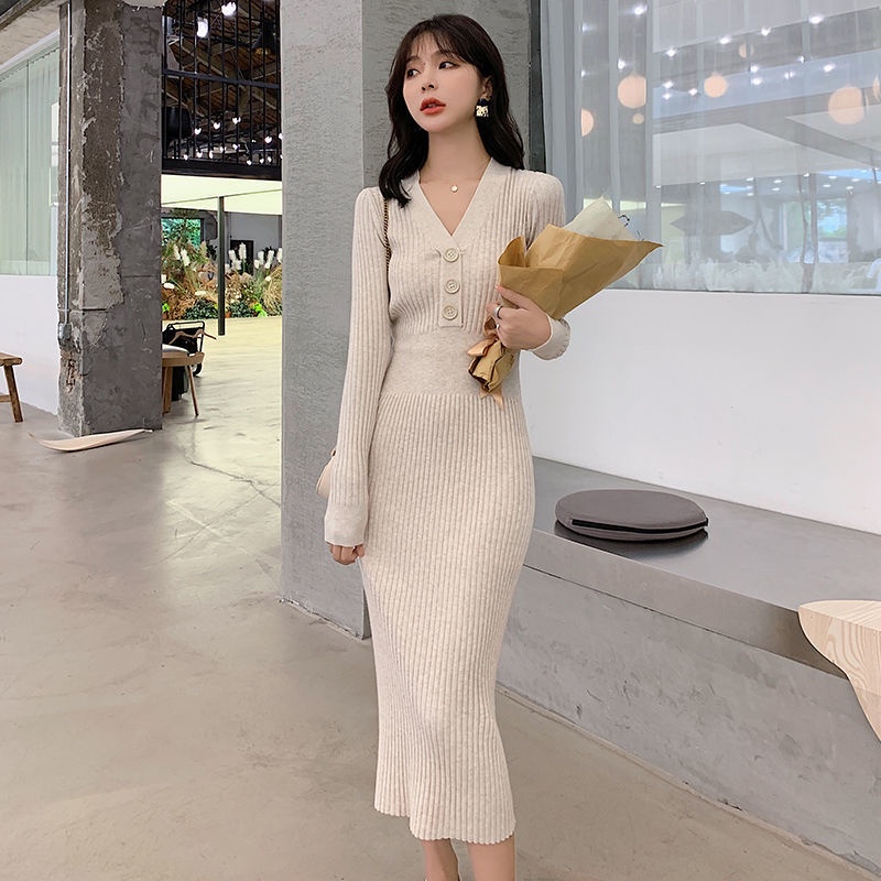 Đầm Dệt Kim Tay Dài Cổ Chữ V Ôm Dáng Thời Trang Thu Đông Cho Nữ