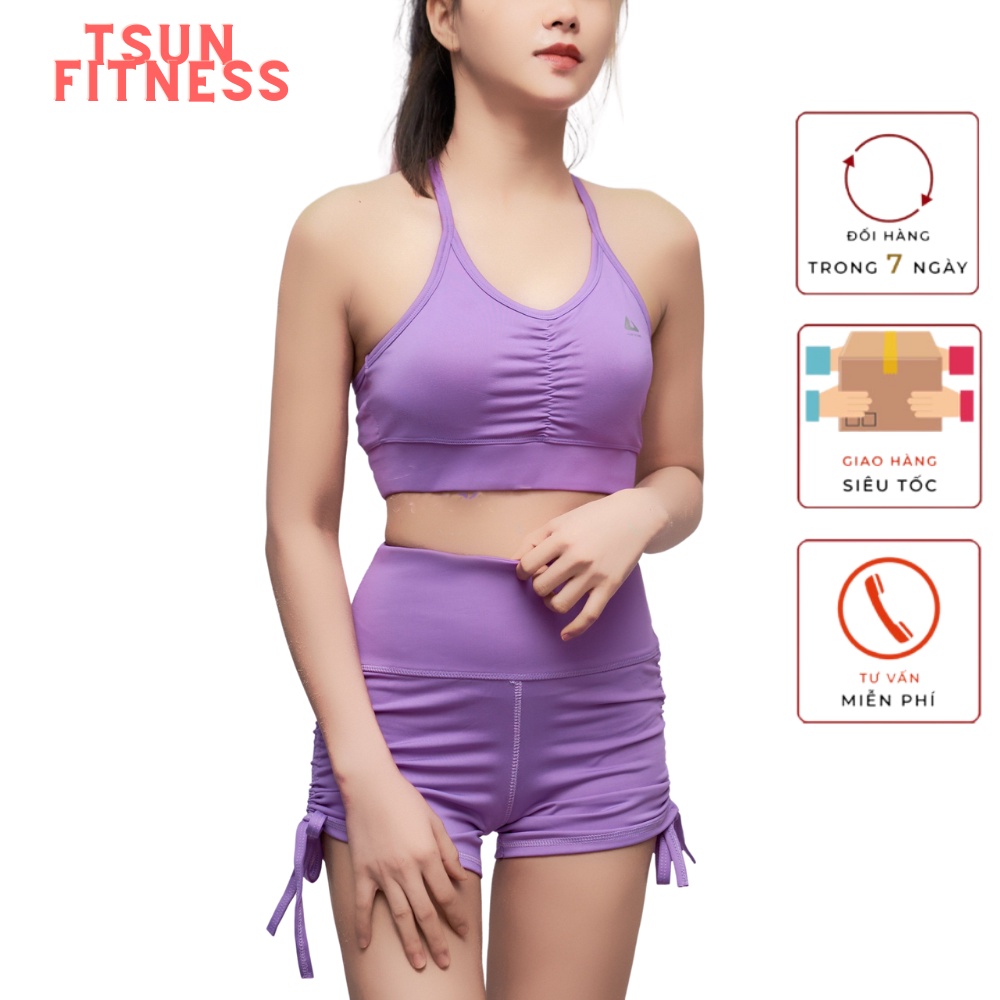 Set thể thao tập gym yoga T-sun Fitness bra quần đùi dây rút cạp cao màu tím kèm mút ngực