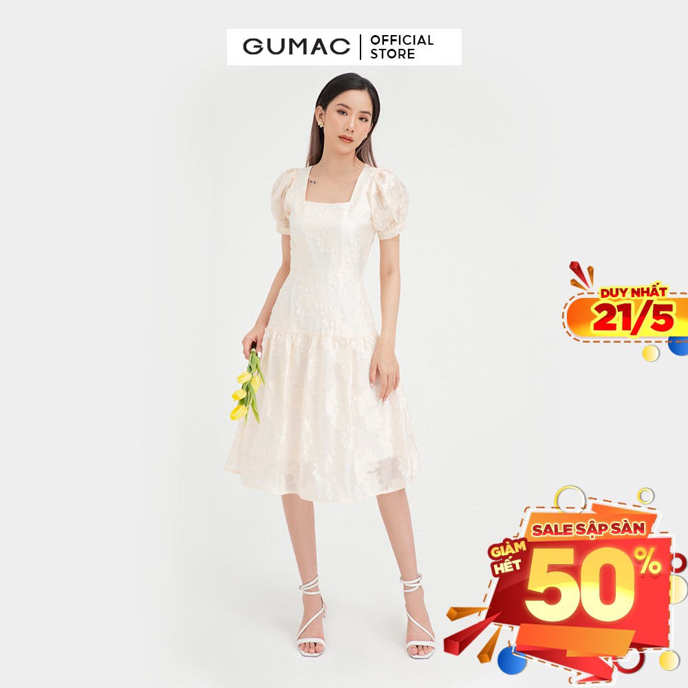 Đầm suông nữ cổ vuông GUMAC thiết kế váy nhún tùng màu kem đủ size DB4100