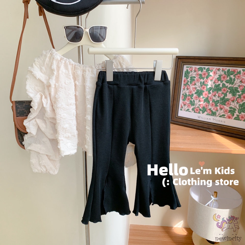 Bộ Áo Tay Phồng + Quần Ống Loe Lưng Cao Thời Trang Mùa Thu Hàn Quốc Cho Bé Gái