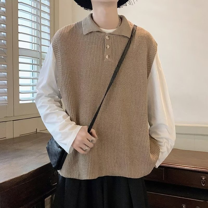 Áo sweater Dệt Kim Không Tay Dáng Rộng Màu Sắc Đơn Giản Cho Nam Giới