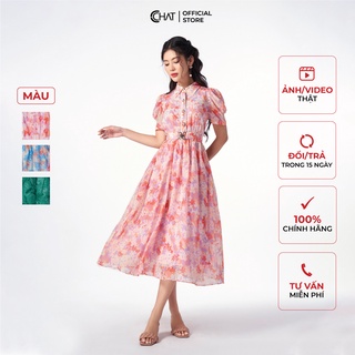 Đầm Nữ 𝐂𝐂𝐇𝐀𝐓 Họa Tiết Kiểu Đai Chun Tay Cộc Phong Cách Trẻ Trung Thanh Lịch 12VNV5017XT