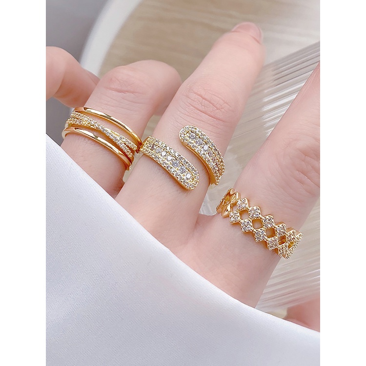 Nhẫn Hở Đính Đá Zircon Hai Lớp Mạ Vàng Thật 14K Có Thể Điều Chỉnh