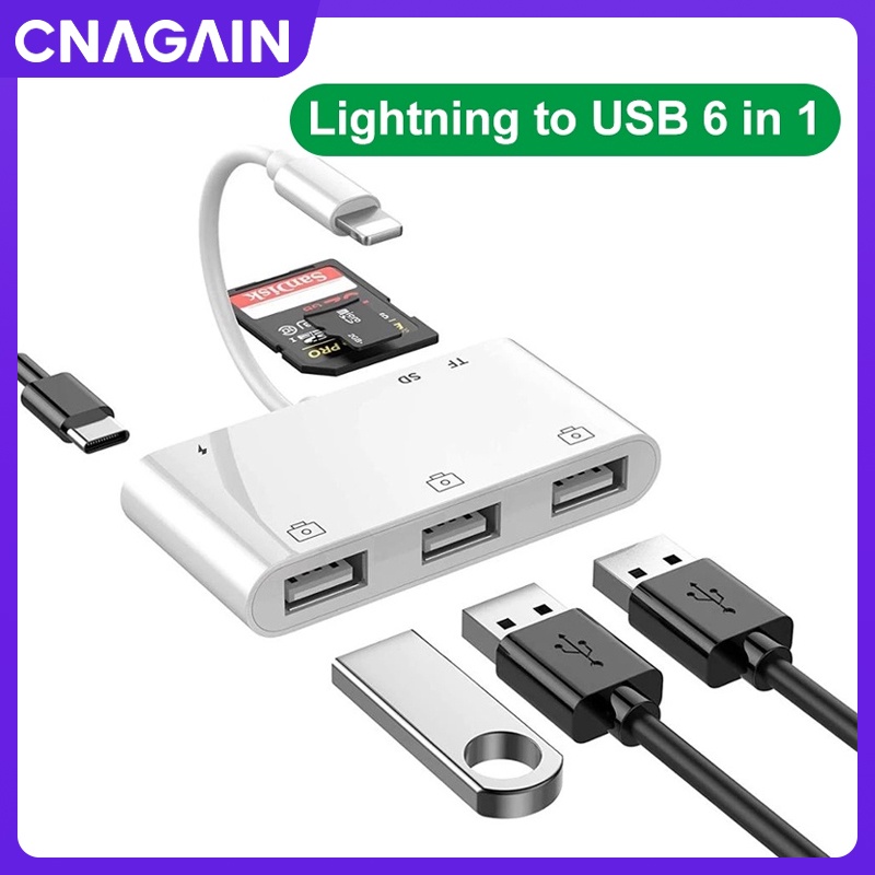 Đầu Đọc Thẻ 6 Trong 1 lightning Sang USB OTG SD / TF / USB lightning Cho Điện Thoại Iphone 12 11 Pro 8 X