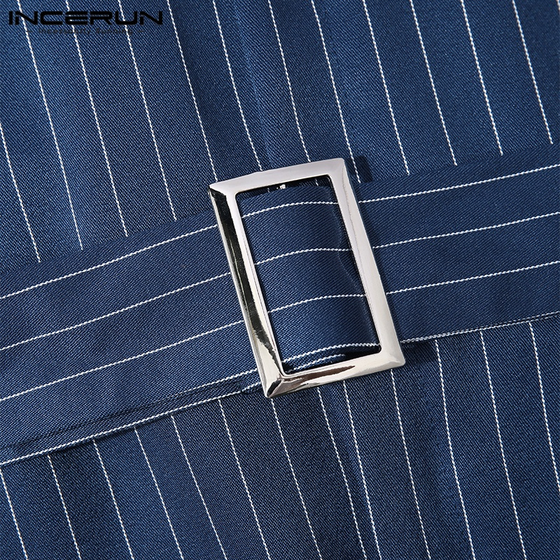 Áo liền quần Incerun không tay in kẻ sọc có thắt lưng kiểu mùa hè cho nam