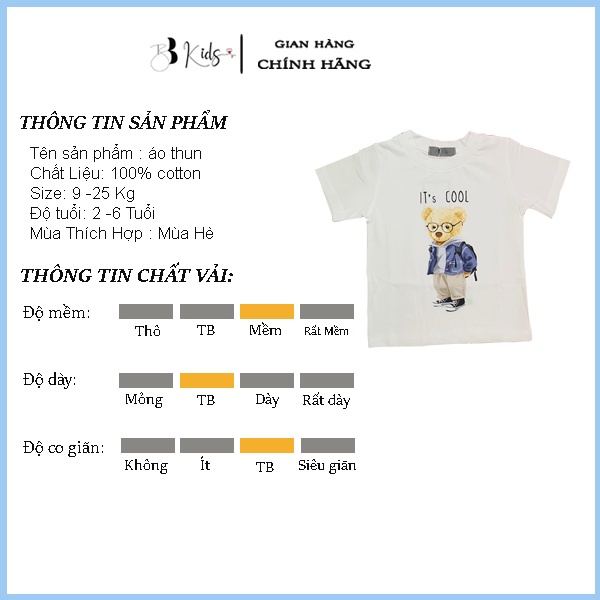 Áo Thun Ngắn Tay Cho Bé BB Kids In Hình Gấu CooL Chất Liệu Cotton 100% Co Giãn 4 Chiều