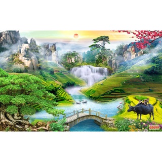 Tranh Dán Tường 3D, Phòng khách- Đã tích hợp sẵn keo-  Sơn thủy Hữu Tình,083