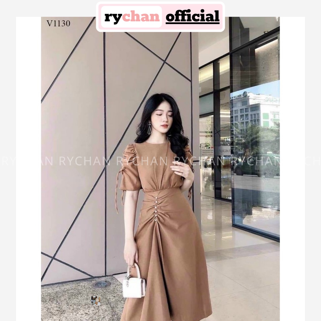 Đầm Xòe Midi Tay Phồng Rút Sườn Đính Ngọc 3 Màu Sang Trọng - DX9990
