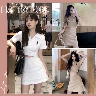 Set váy phối áo croptop polo cổ bẻ thêu hình cực xinh (trắng/nude) cho nữ