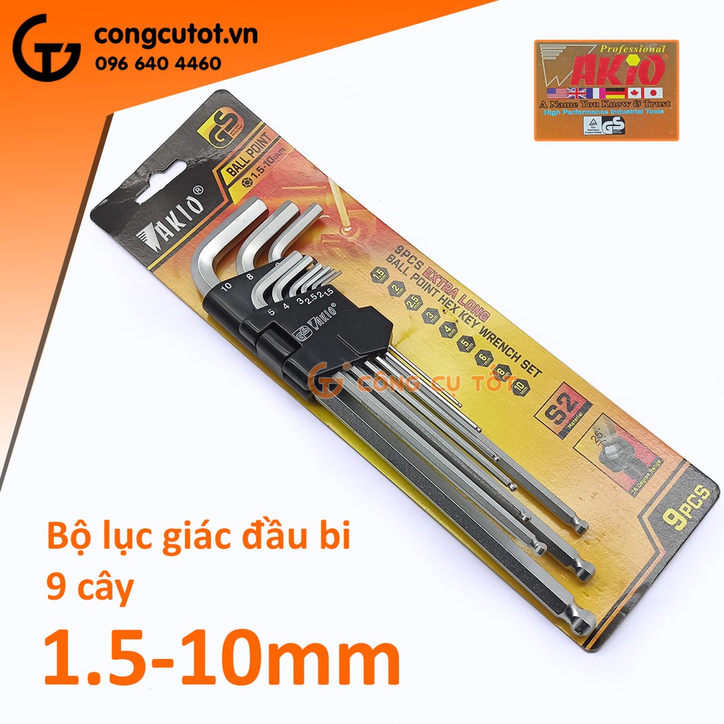 Bộ lục giác 9 cây đầu bi 1.5-10mm WAKIO thép S2 xi trắng loại dài 235mm