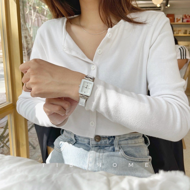 Đồng hồ nữ dây kim loại ANKL30 màu trắng mặt chữ nhật viền bạc sang trọng