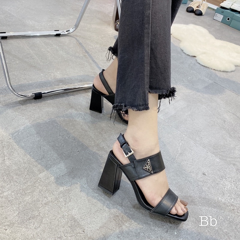 Sandal cao gót vuông pra da quai bản to fullbox