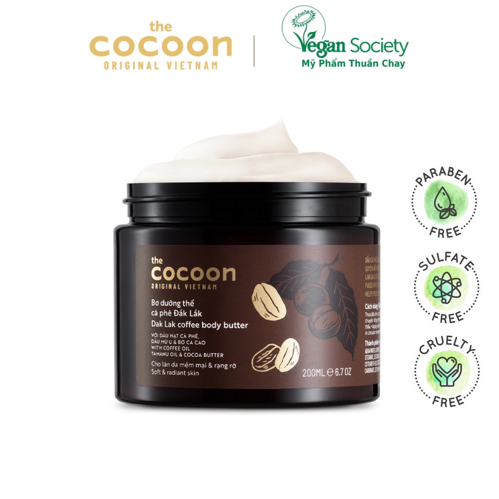 Bơ dưỡng thể cà phê đắk lắk cocoon 200ml thuần chay - Vegan Society