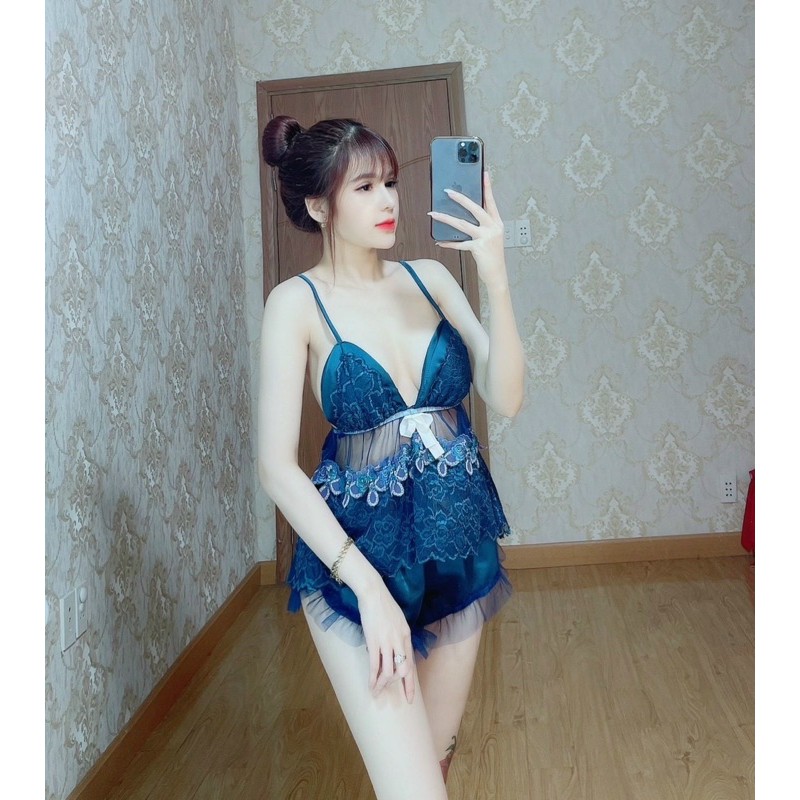 Đồ ngủ sexy nữ - Đồ ngủ sexy nữ phối ren có mút gợi cảm Freesize dưới 60kg