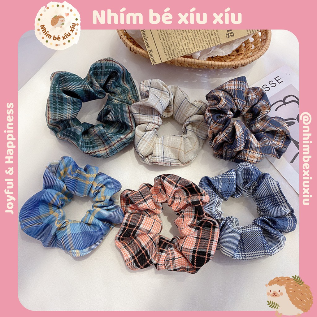 Dây buộc tóc, cột tóc scrunchies caro dễ thương