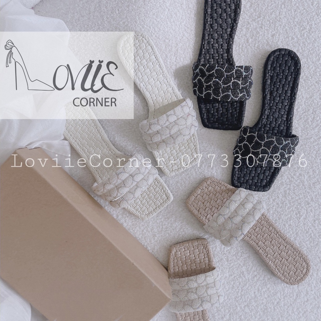 DÉP NỮ LOVIIECORNER - DÉP THỜI TRANG BỆT PHONG CÁCH NỮ TÍNH QUAI NGANG ĐÍNH HẠT ĐẾ THẤP D220702