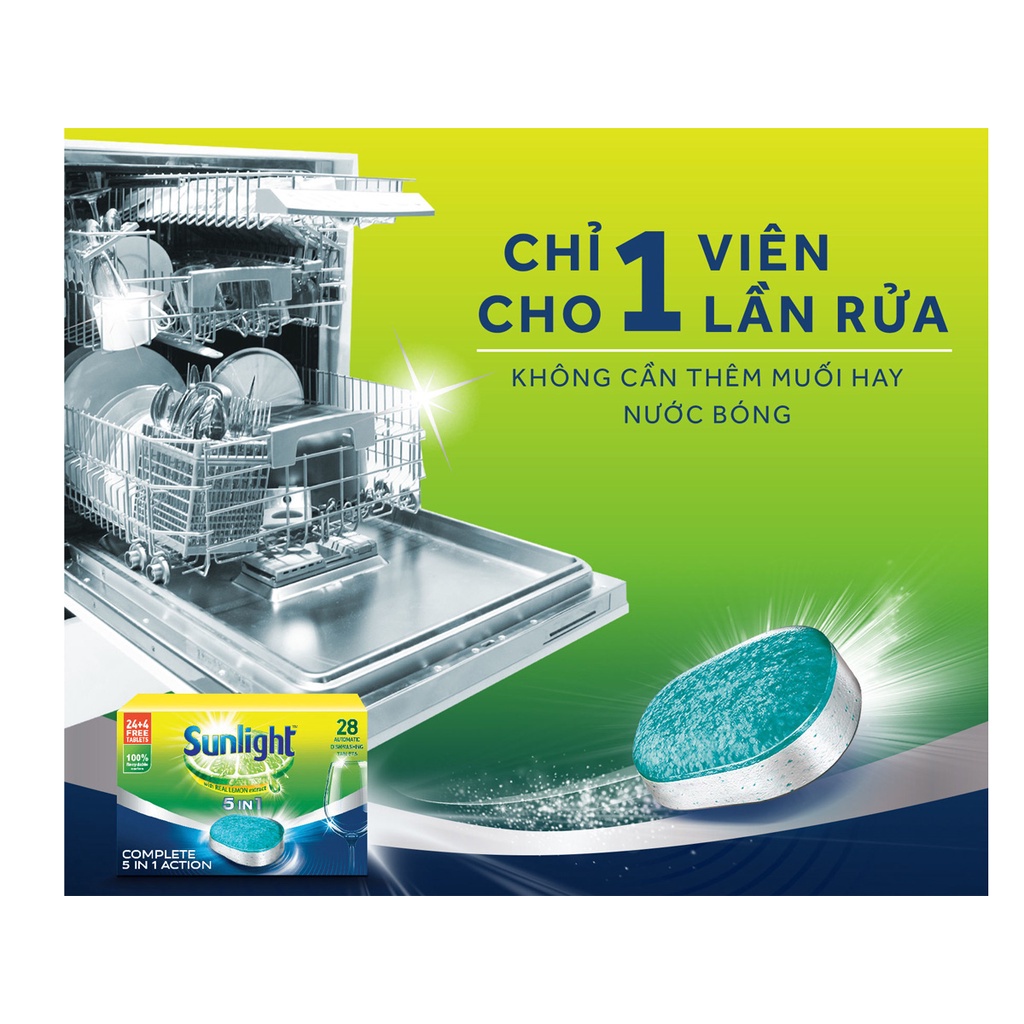 [Hoả Tốc] Viên Rửa Chén Bát Sunlight 5 Trong 1 Dành Cho Máy Rửa Chén 1 hộp 28 viên x 17,5G