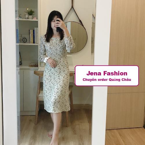 Váy hoa nhí vintage dài tay dáng dài 2 lớp, thắt nơ eo HÀNG QUẢNG CHÂU - Jena Fashion