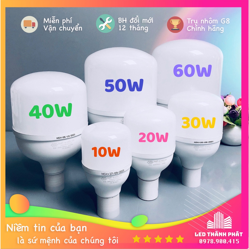 Bóng đèn LED 60W 50W 40W G8 siêu sáng tiết kiệm điên , LED BULB trụ nhôm a/s trắng Bảo hành đổi mới 12 tháng