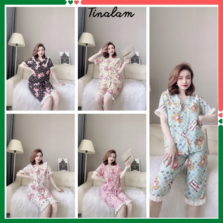 Đồ Ngủ🌸Đồ Bộ Pijama🌸Bộ Lụa Pijama Quần Lửng Họa Tiết Phối Bèo Ren Xinh Xắn DBTNQL98
