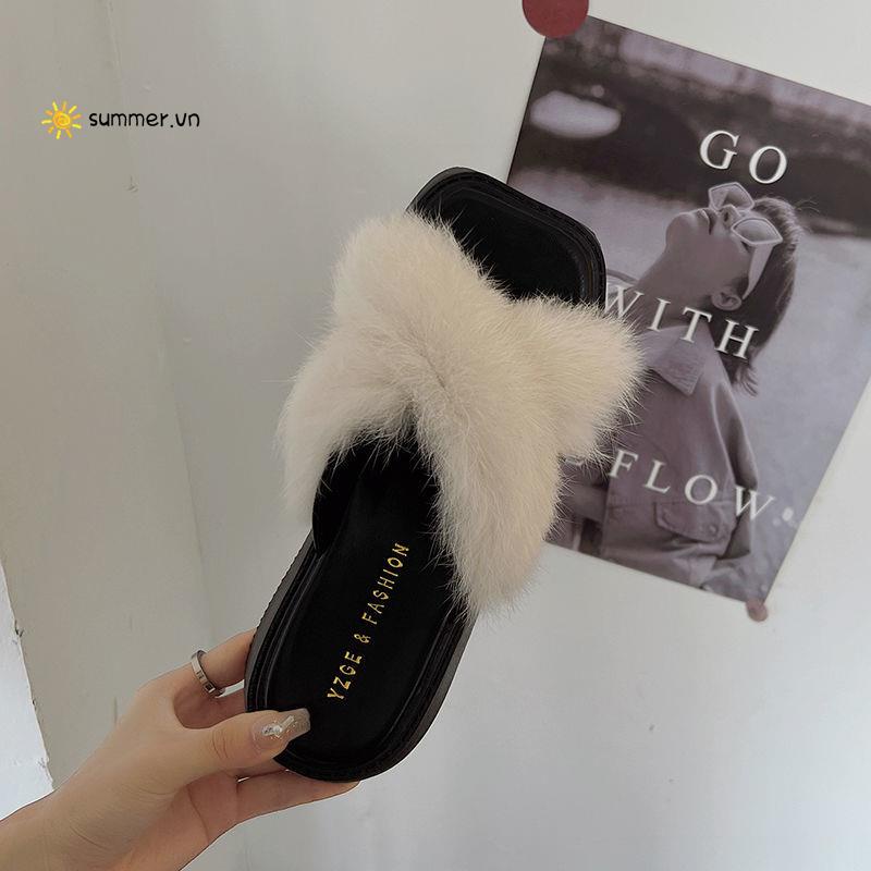 Dép Đế Xuồng Dày Quai Ngang Phủ Lông Thời Trang Mùa Hè 2022 Mới Cho Nữ