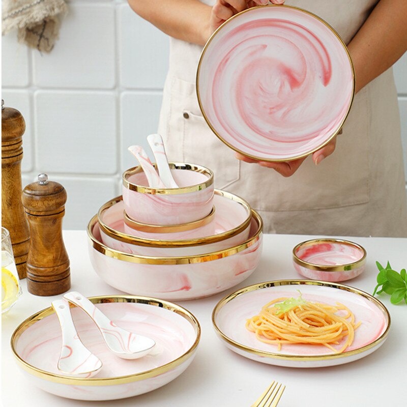 Bộ Bát Đĩa Gốm Sứ Hồng Vân Đá/Xanh Ngọc/Ghi Vân Đá+Set Muôi Cao Cấp, Dùng Gia Đình Bàn Tiệc, Gia Đình.