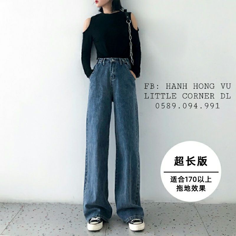 Quần baggy jean retro ống dài 100cm nút hông phối kiểu form cạp cao ulzzang kèm ảnh thật hàng có sẵn