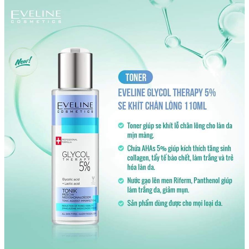 Toner Nước hoa hồng Eveline 5% Glycolic Acid tẩy da chết, ngừa mụn, mờ thâm 110ml