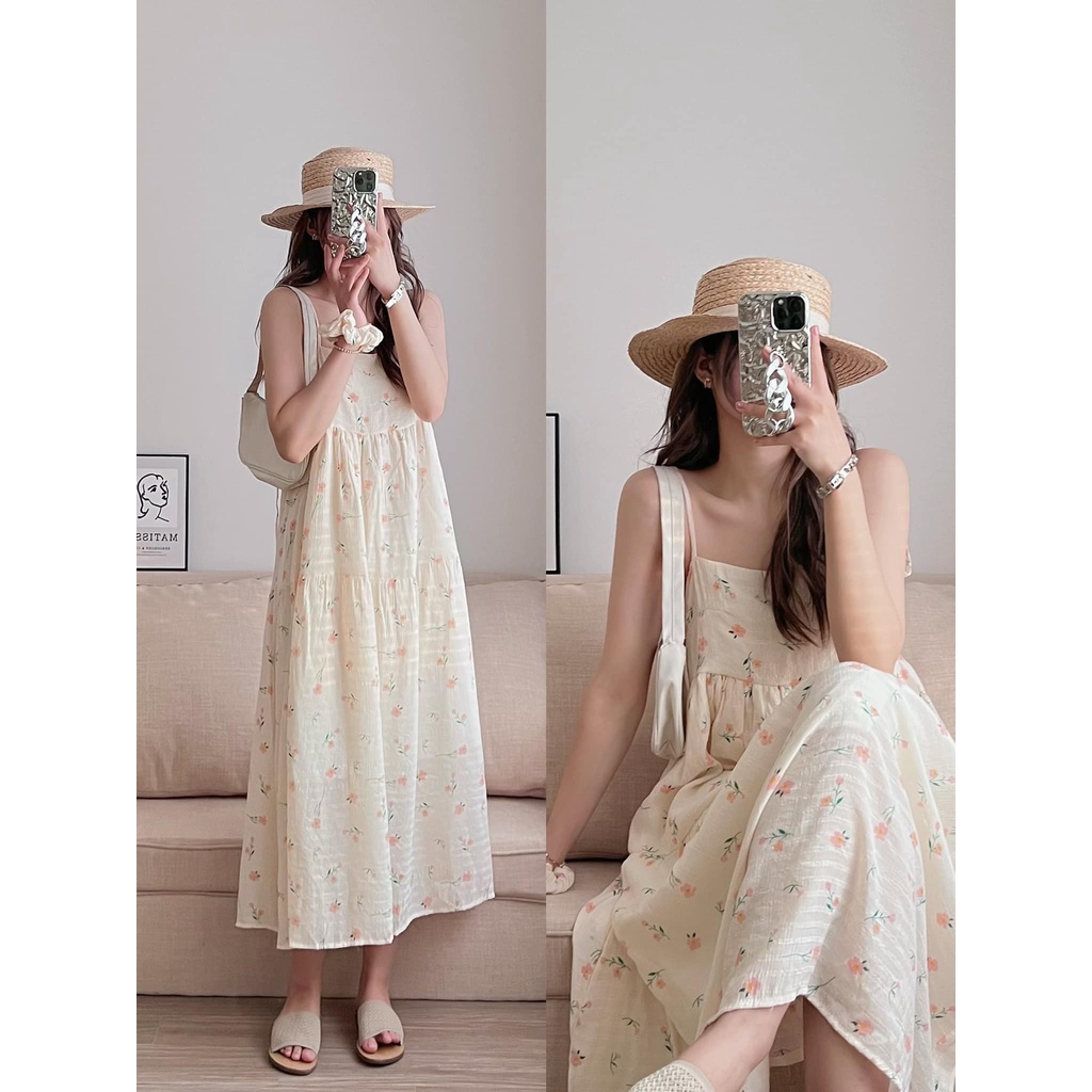 Đầm maxi đi biển 2 dây hoa đũi mềm xinh xắn dáng xoè tầng kèm nơ Kozoda D75