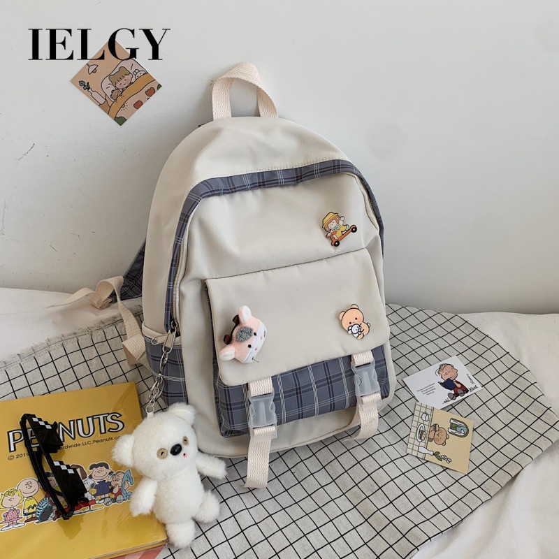 Ba lô đi học IELGY họa tiết ca rô phong cách Hàn Quốc thời trang cho nữ