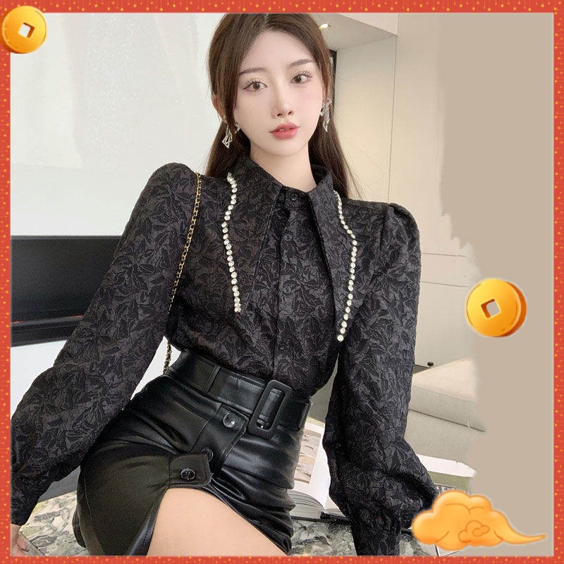 Áo sơ mi dài tay cổ nhọn đính đá phong cách Hàn Quốc cho nữ