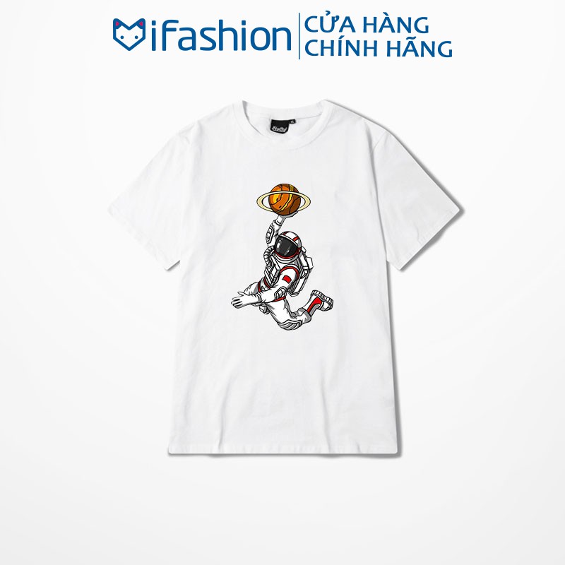 Áo thun tay lỡ iFashion 100% cotton dáng unisex form rộng in hình phi hành gia chơi bóng rổ NC019