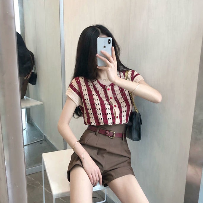 Áo dệt kim vải mỏng ngắn tay chống nắng phong cách thời trang kiểu Pháp dành cho nữ