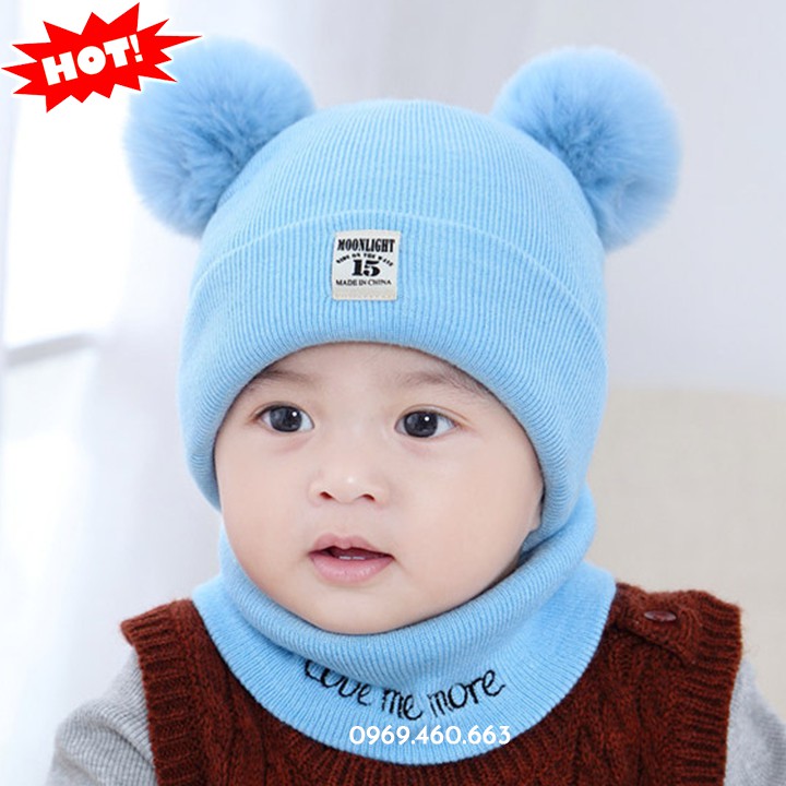 XẢ HÀNG Bộ Khăn Mũ Len Cho Bé Trai Bé Gái. Nón Len Hai Quả Bông + Khăn Cổ Siêu Xinh. Mũ Cho Bé từ 1 Tháng Đến 2 Tuổi